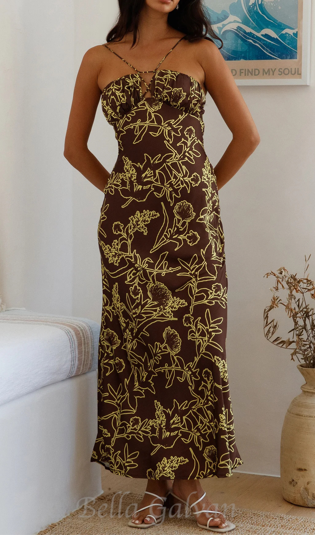 Flowering Girl Women print satin maxi dress in brown