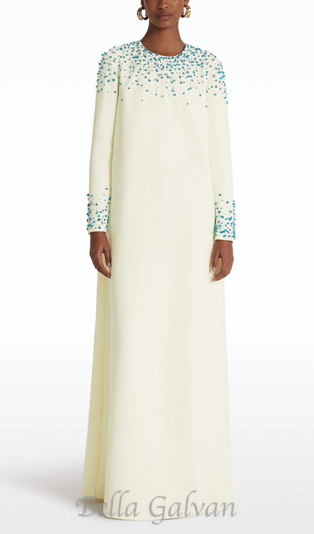 Flowering Girl Women Rhinestone embellished Round Neck Maxi Dress in beige
