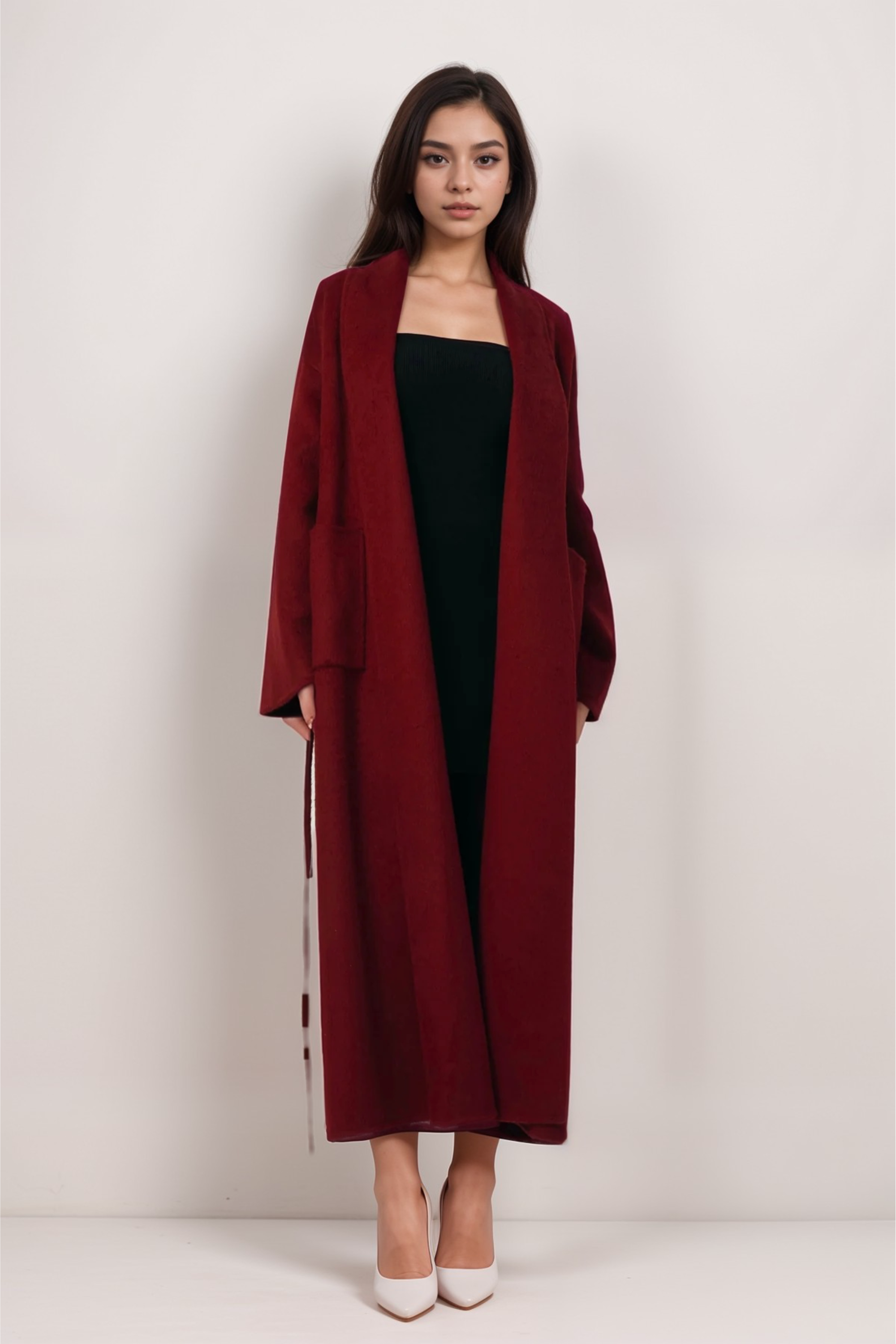 Flowering Girl Women Luxurious Deep Red Belted Wool Coat With Oversized Fit