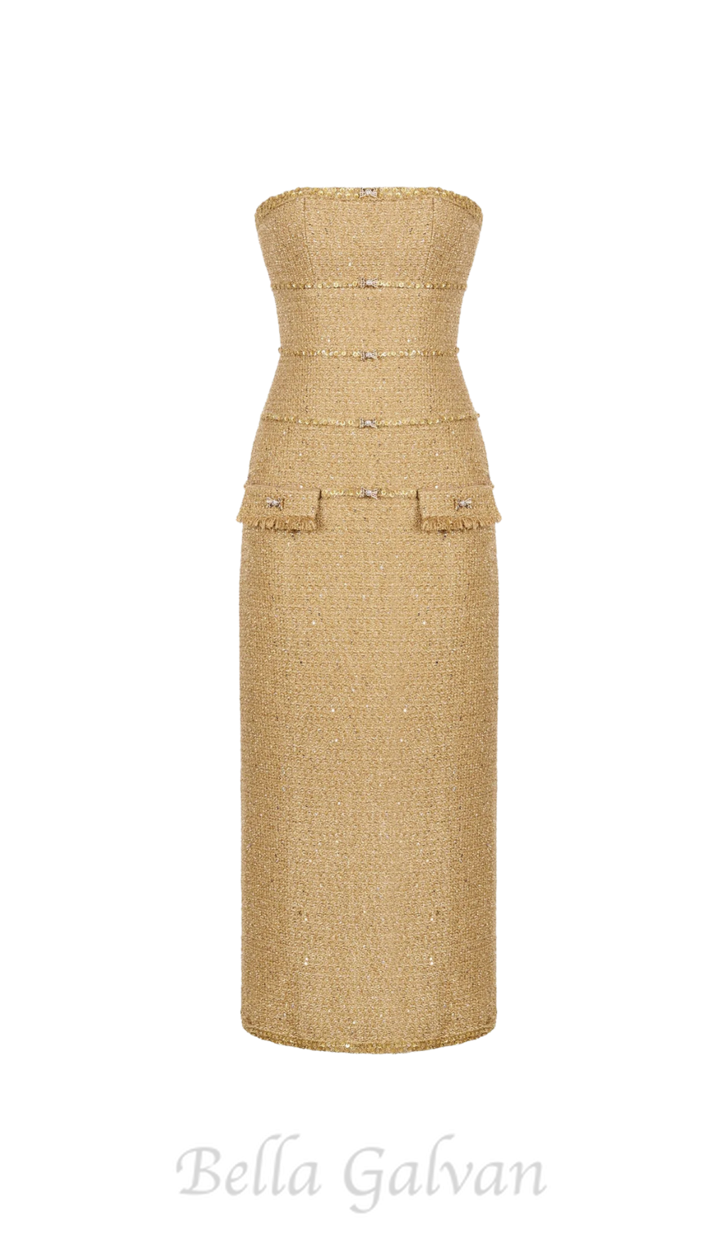 Elborno Gold Embellished Strapless Midi Dress