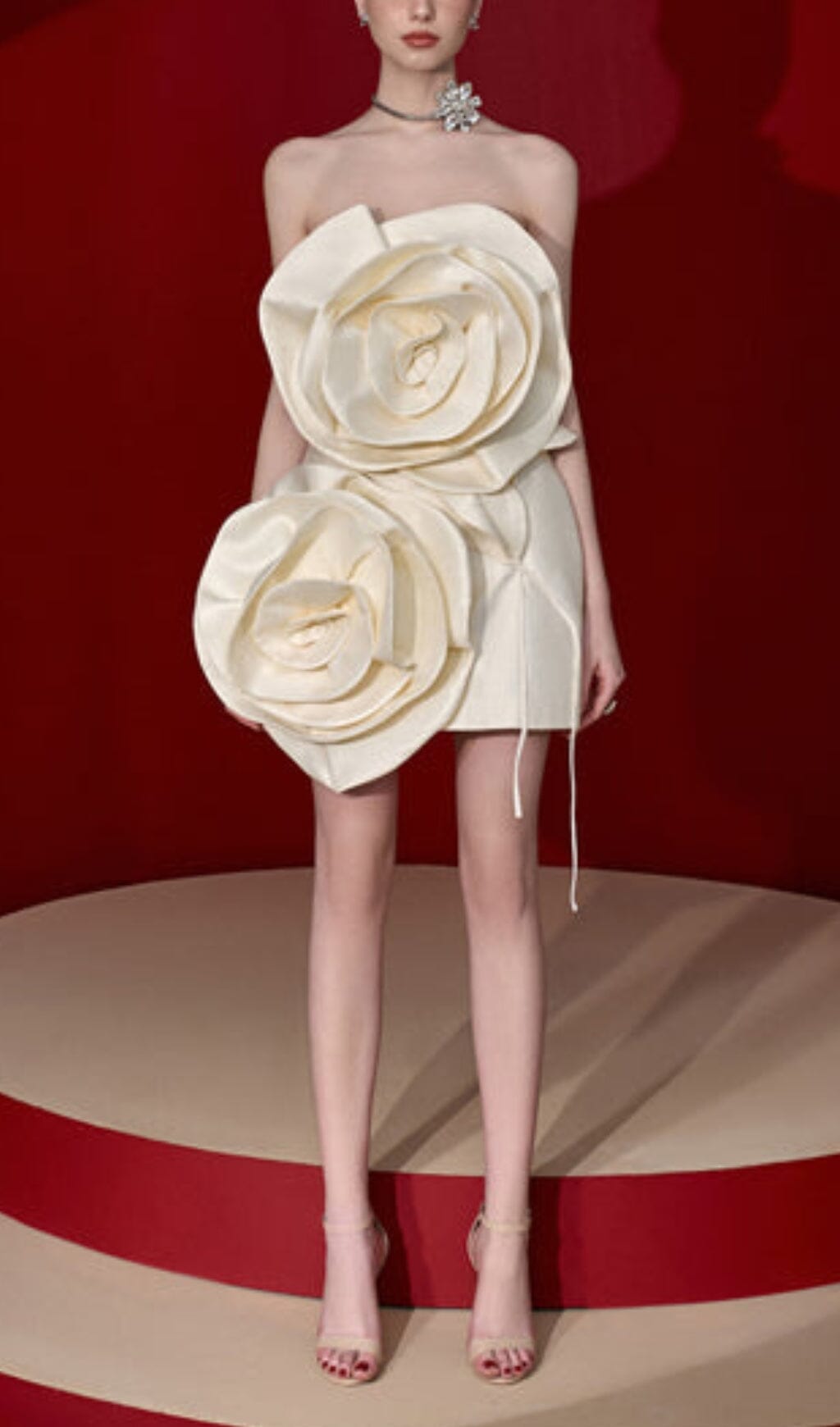 Beige Flower Strapless Bind Mini Dress