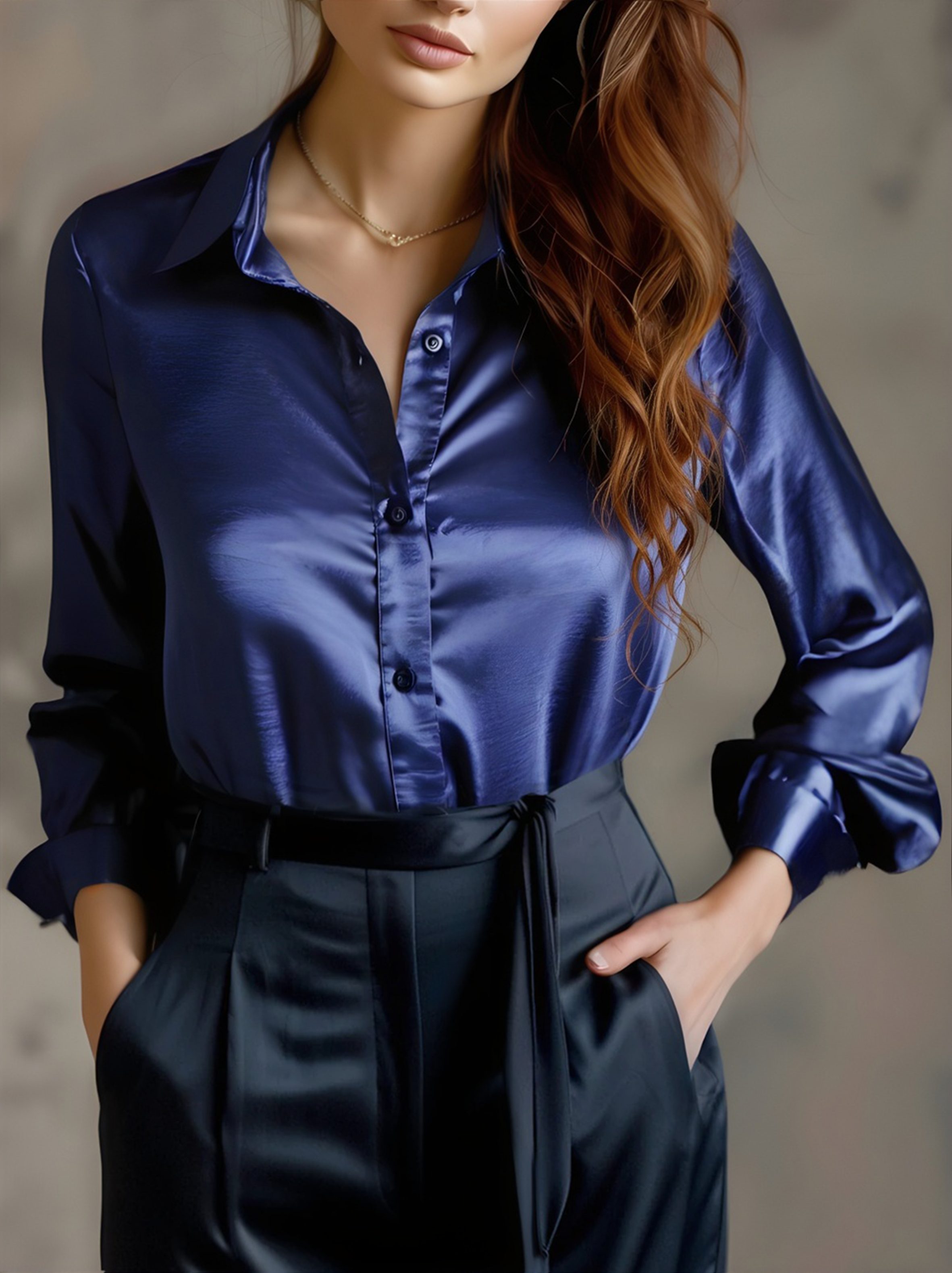 Flowering Girl Women Elegant Black Satin Long Sleeves Blouse
