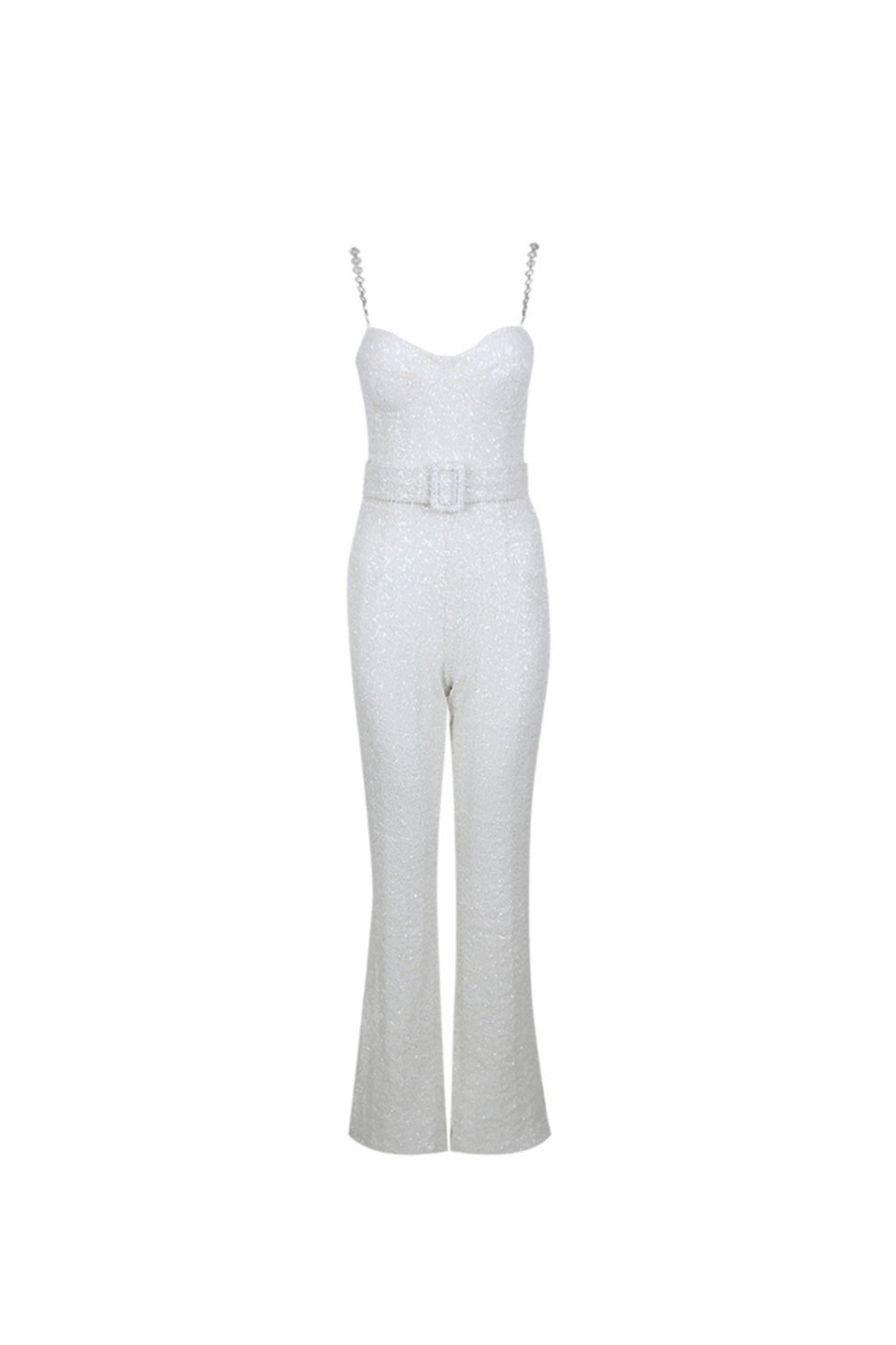 Flowering Girl Women Jacquard Diamante Strap Flared Jumpsuit With Belt