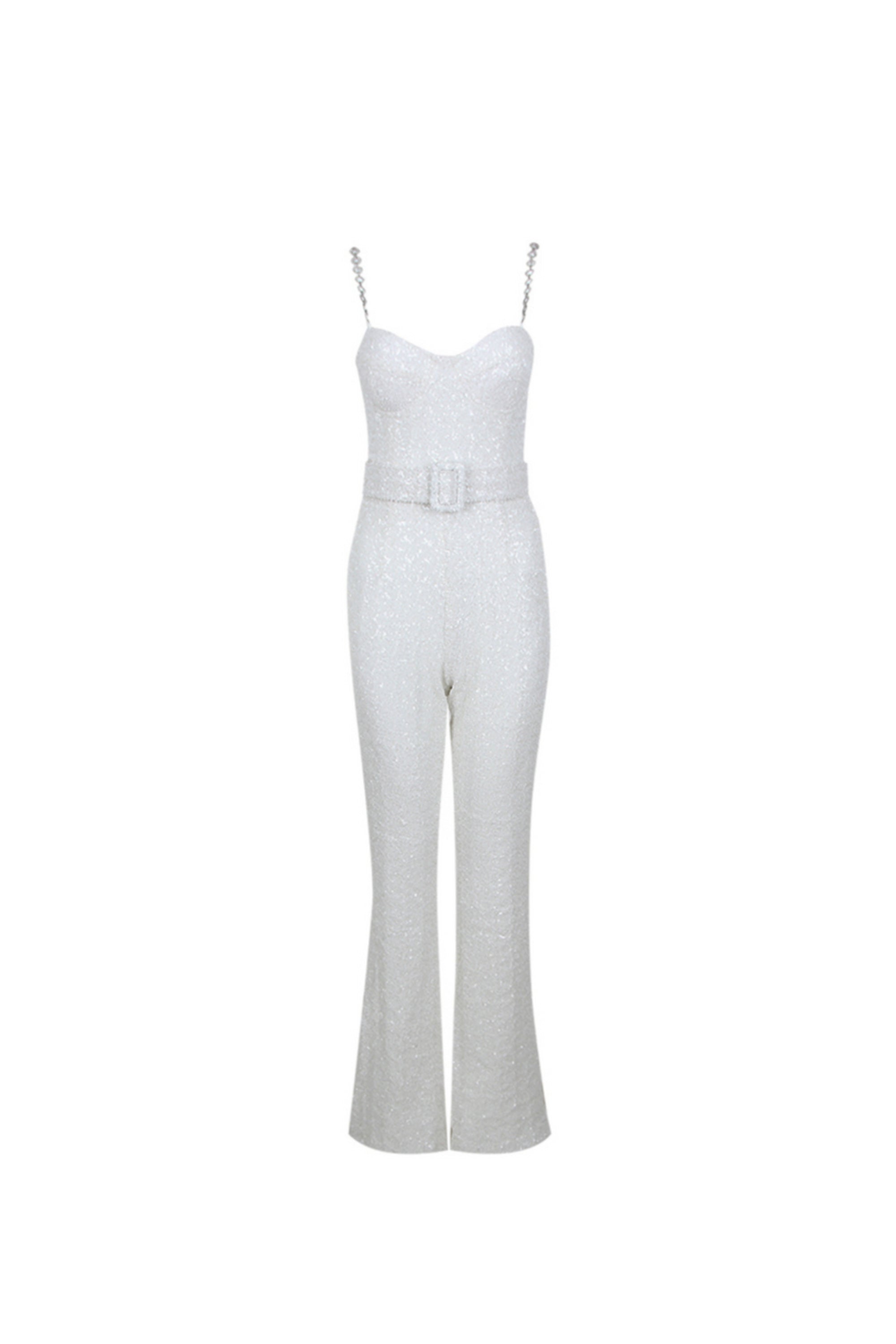 Flowering Girl Women Jacquard Diamante Strap Flared Jumpsuit With Belt