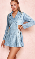 Flowering Girl Women BERTHA PEARL CUTOUT TUXEDO BLAZER DRESS IN BLUE