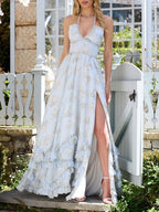 Flowering Girl Women Floral Faux Pearl Frill Split Maxi Dress
