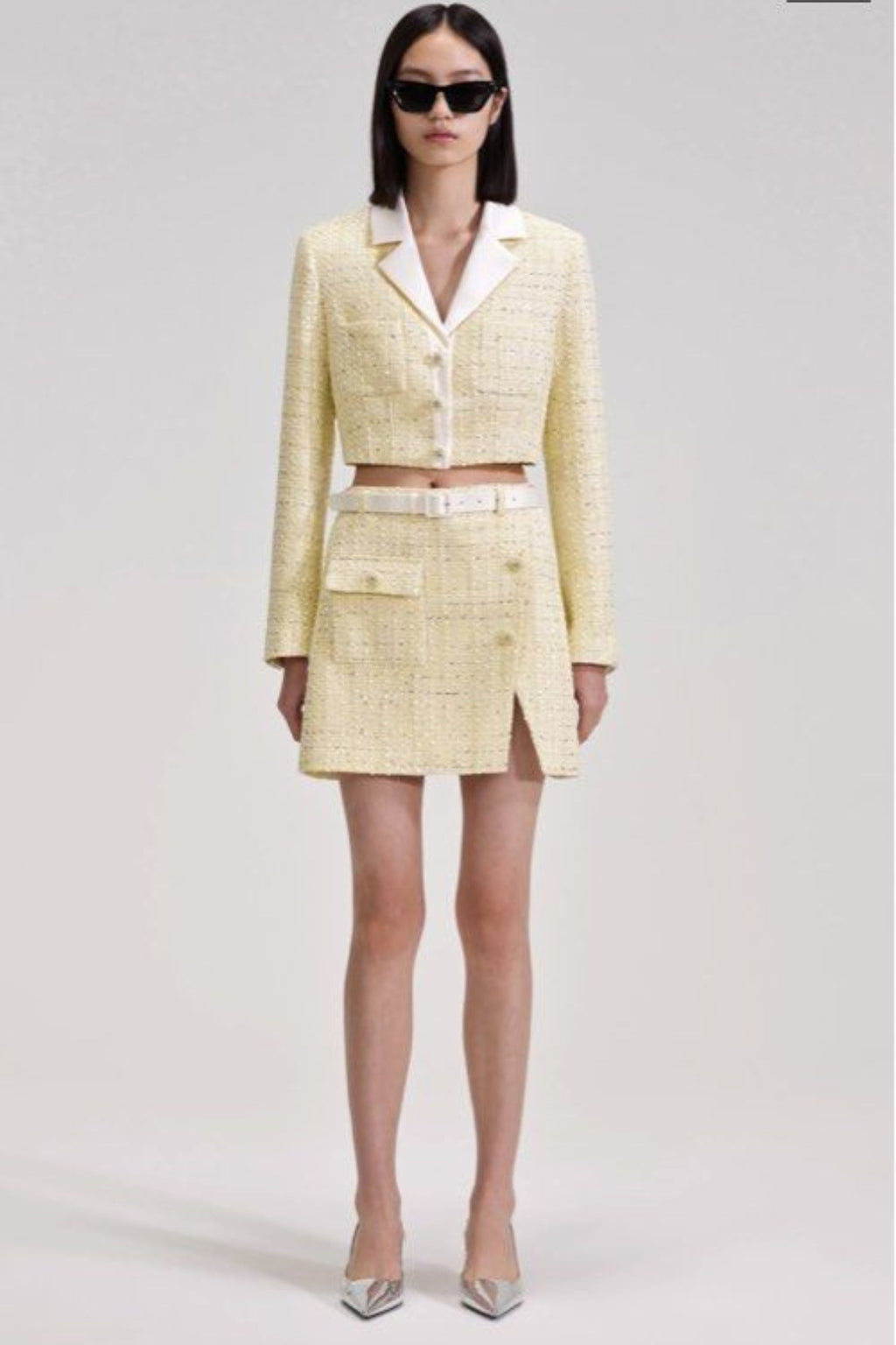 Flowering Girl Women Yellow Color Light Thin Tweed Short Coat & Skirt
