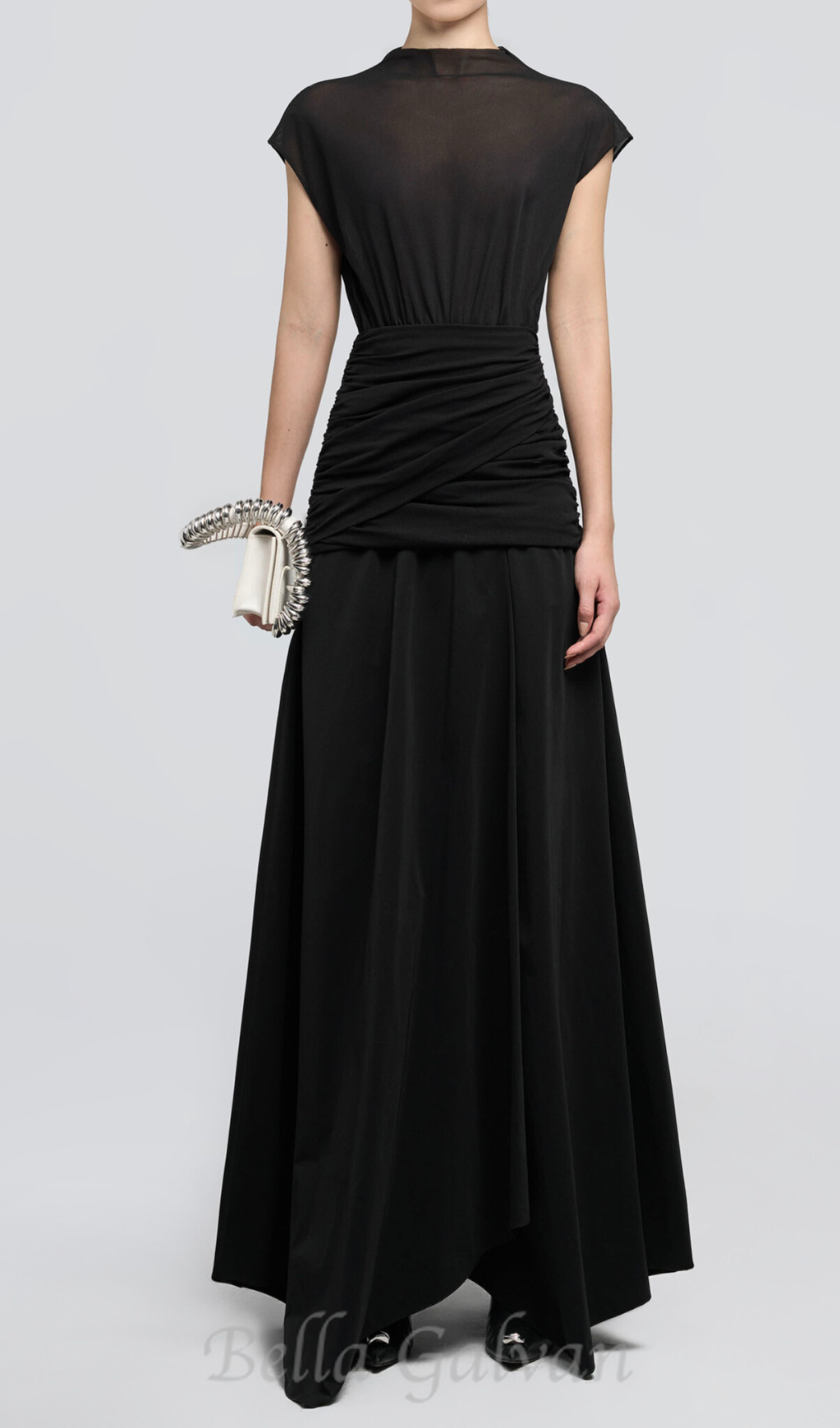 Flowering Girl Women black Waist cross pleats midi dress with asymmetric hemline