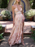 Flowering Girl Women Floral Faux Pearl Frill Split Maxi Dress