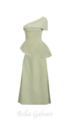 Flowering Girl Women One Shoulder Top Flare Midi Skirt suit in Olive Green
