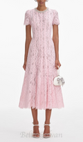 Flowering Girl Women Sequin Floral Lace Midi Dress in pink