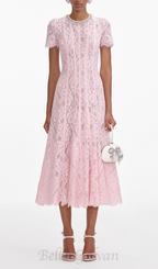 Flowering Girl Women Sequin Floral Lace Midi Dress in pink