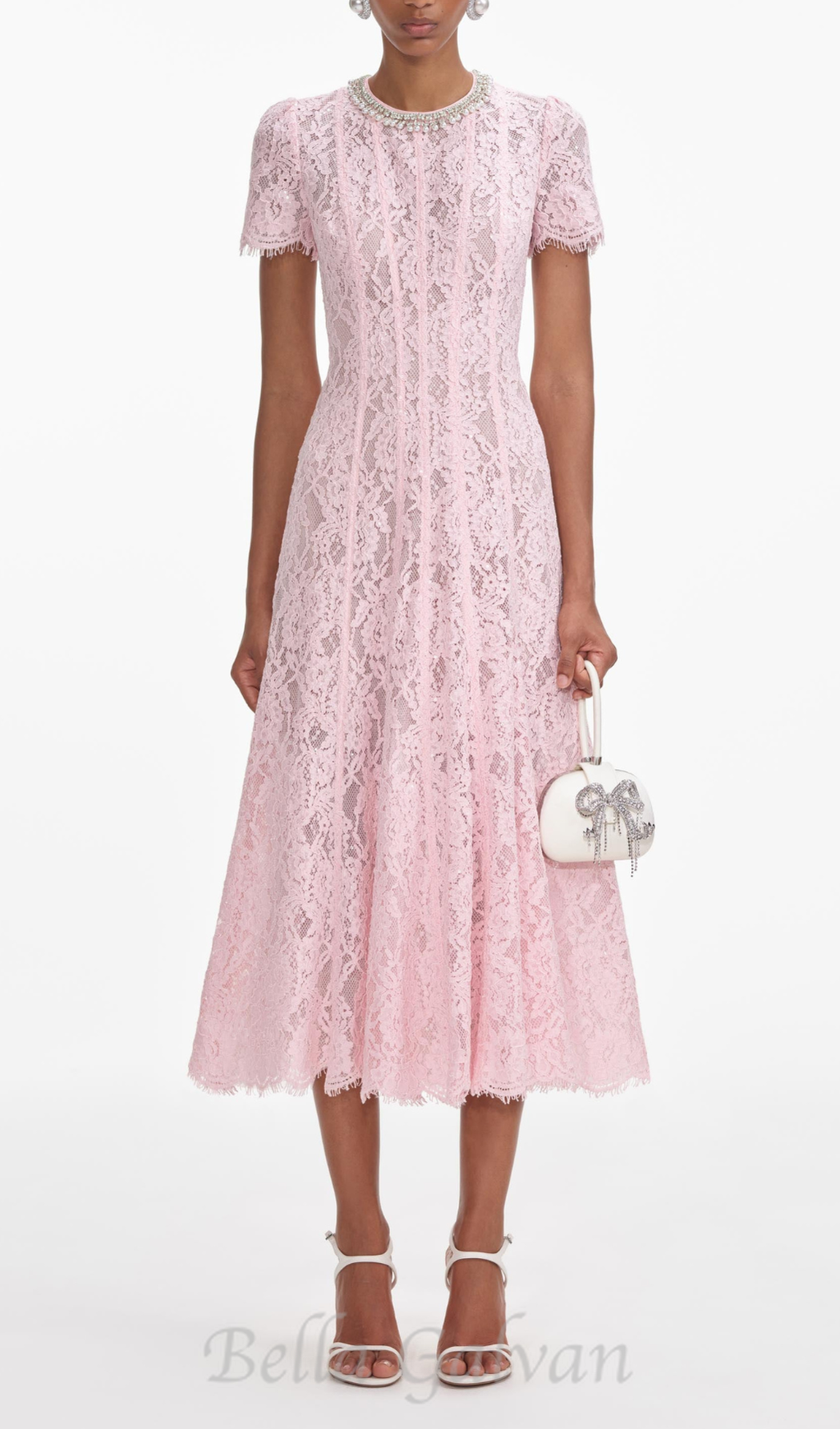 Flowering Girl Women Sequin Floral Lace Midi Dress in pink