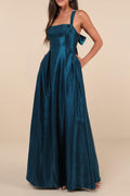 Flowering Girl Women Aura Shiny Dark Teal Taffeta Maxi Dress With Pockets