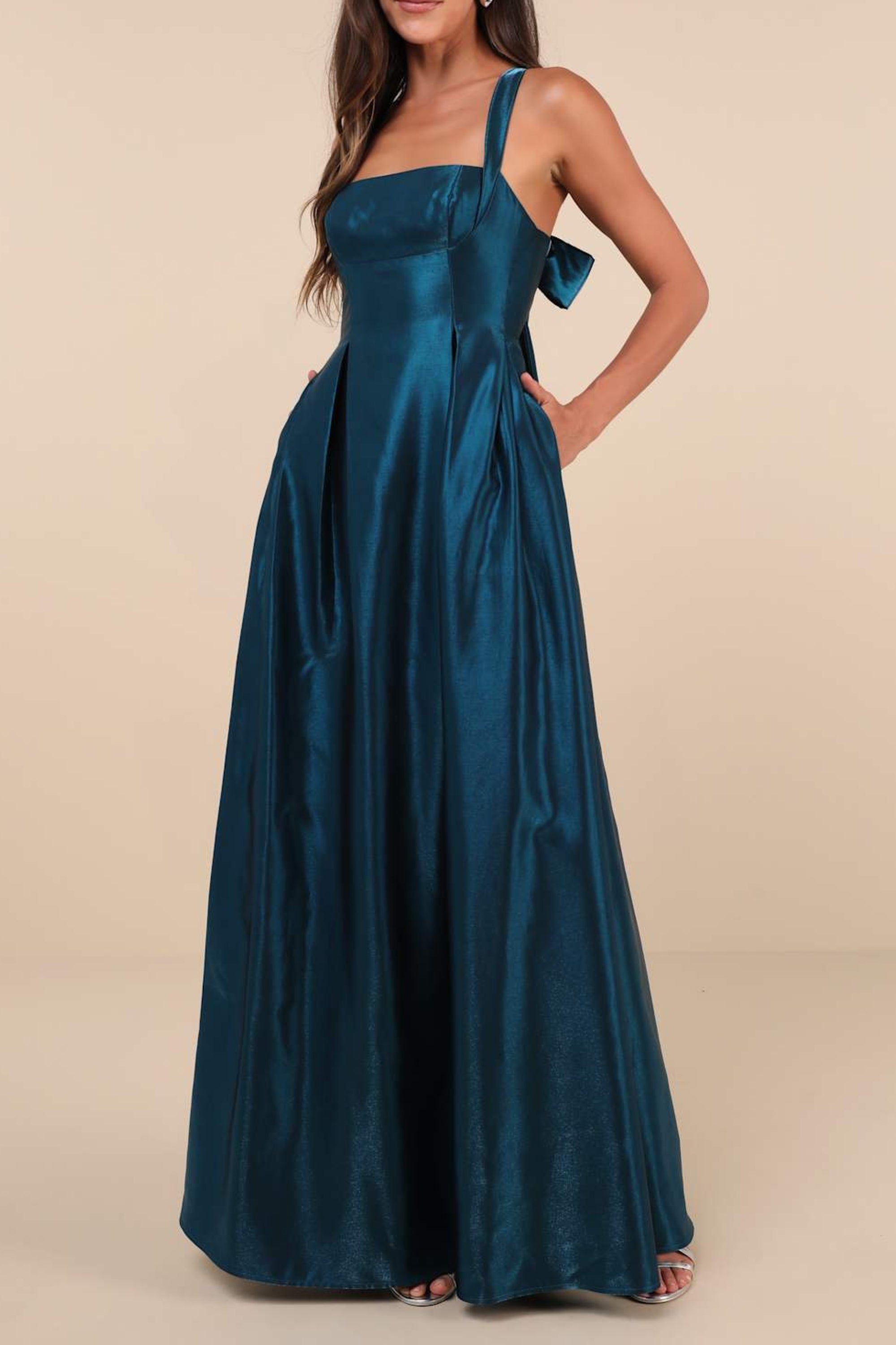 Flowering Girl Women Aura Shiny Dark Teal Taffeta Maxi Dress With Pockets