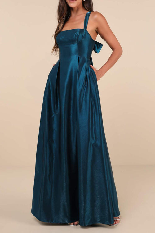 Flowering Girl Women Aura Shiny Dark Teal Taffeta Maxi Dress With Pockets