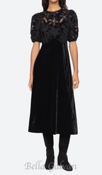 Flowering Girl Women Velvet Puff Sleeve Embroidered Midi Dress in black