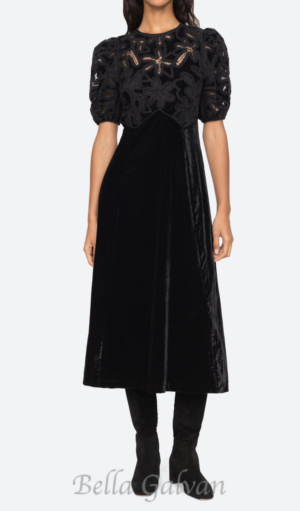 Flowering Girl Women Velvet Puff Sleeve Embroidered Midi Dress in black