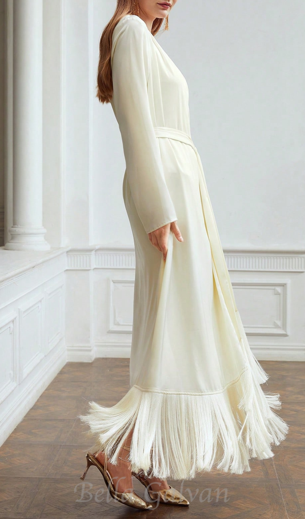 Flowering Girl Women belted satin fringe-hem dress in beige