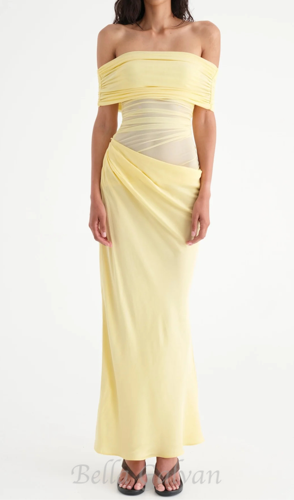 Flowering Girl Women Reanko Off Shoulder Ruched Mesh Maxi Dress - Yellow