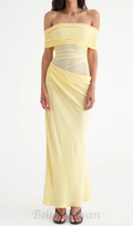 Flowering Girl Women Reanko Off Shoulder Ruched Mesh Maxi Dress - Yellow