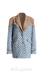 Flowering Girl Women two-tone Denim Checks Blazer in kahki