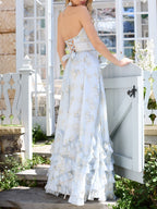 Flowering Girl Women Floral Faux Pearl Frill Split Maxi Dress