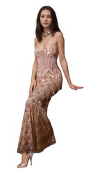 Flowering Girl Women Carol Sequin Fringe Maxi Dress In Apricot