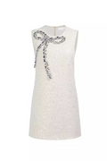 Flowering Girl Women Bow Sequin Tweed Sleeveless mini dress in white