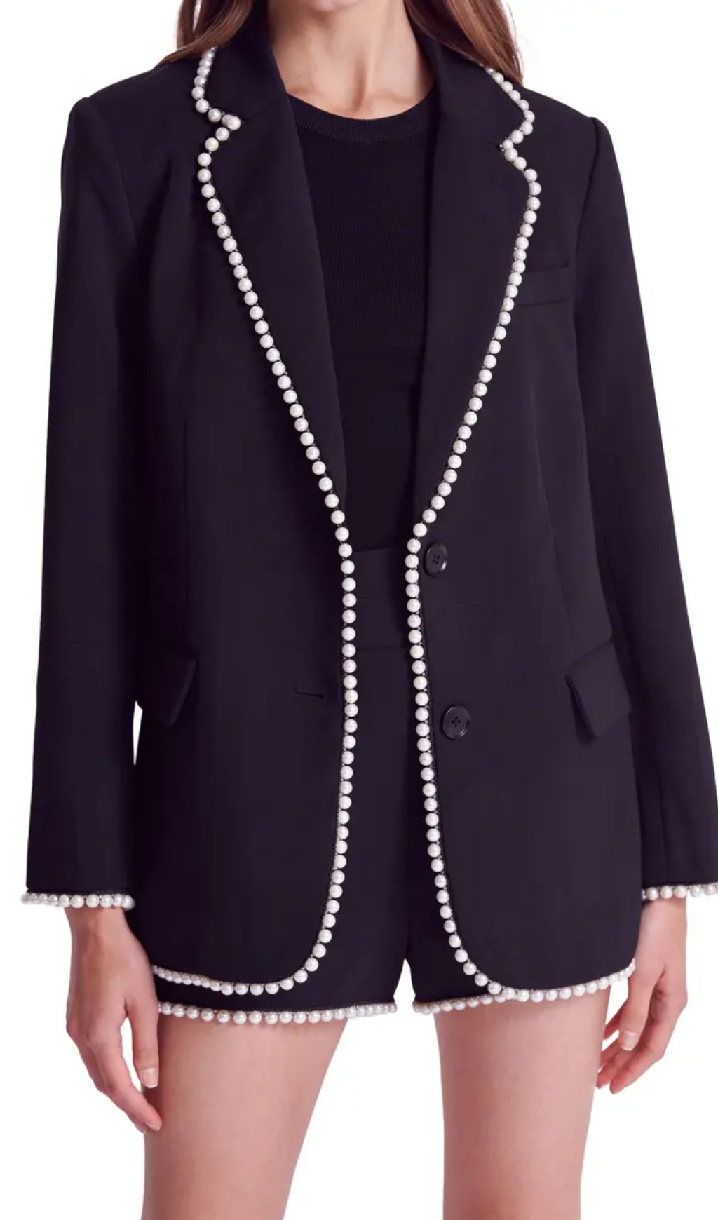Flowering Girl Women Imitation Pearl Trim Blazer In Black