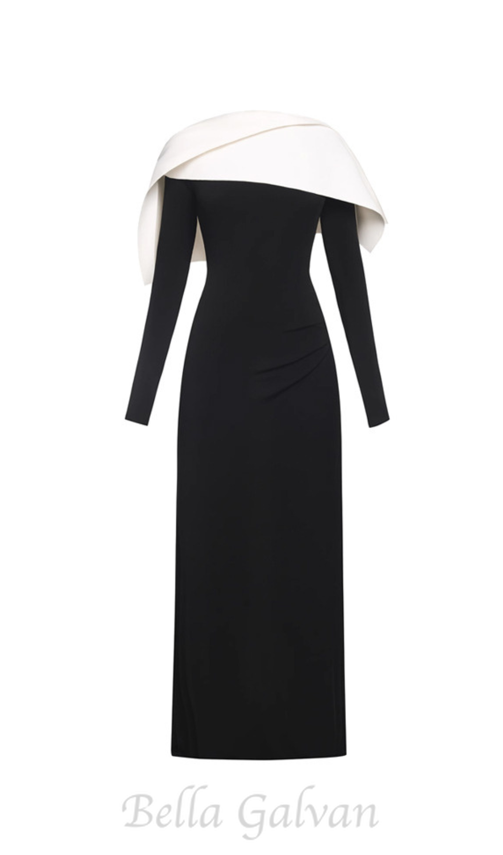 Flowering Girl Women black maxi dress with draped asymmetrical shoulder pleat