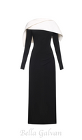 Flowering Girl Women black maxi dress with draped asymmetrical shoulder pleat