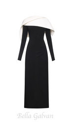 Flowering Girl Women black maxi dress with draped asymmetrical shoulder pleat
