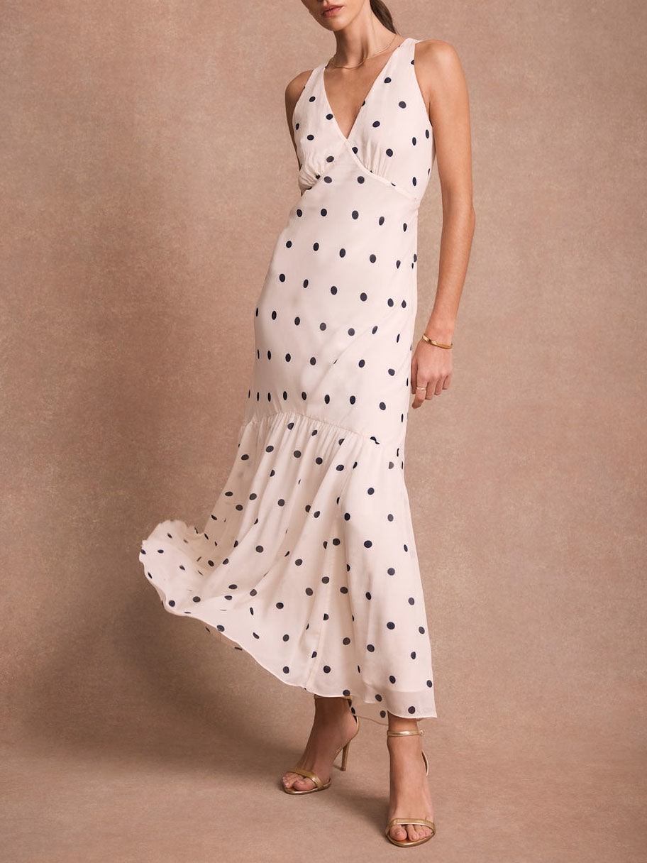 Polka Dot Ruffle Layered Chiffon Cape Maxi Dress