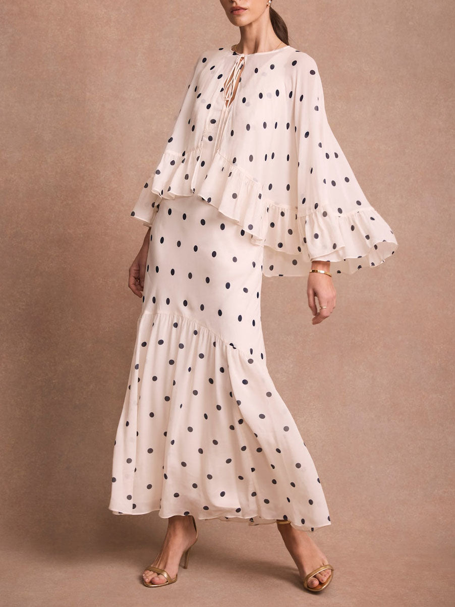 Polka Dot Ruffle Layered Chiffon Cape Maxi Dress