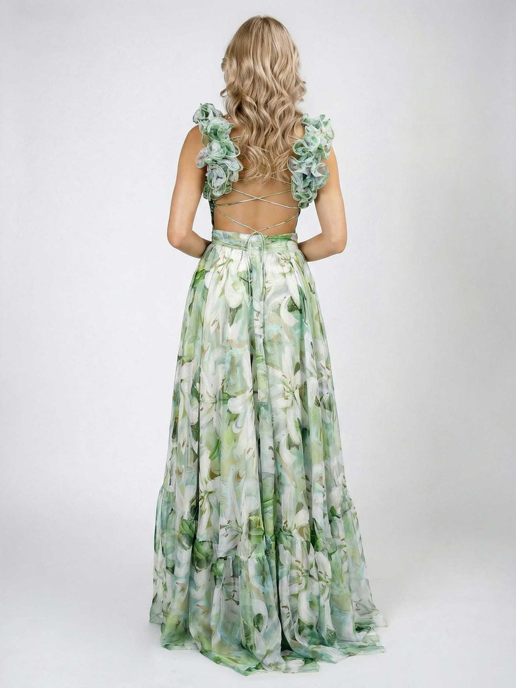 Lily Print Tiered Ruffle Shoulder Maxi Dress