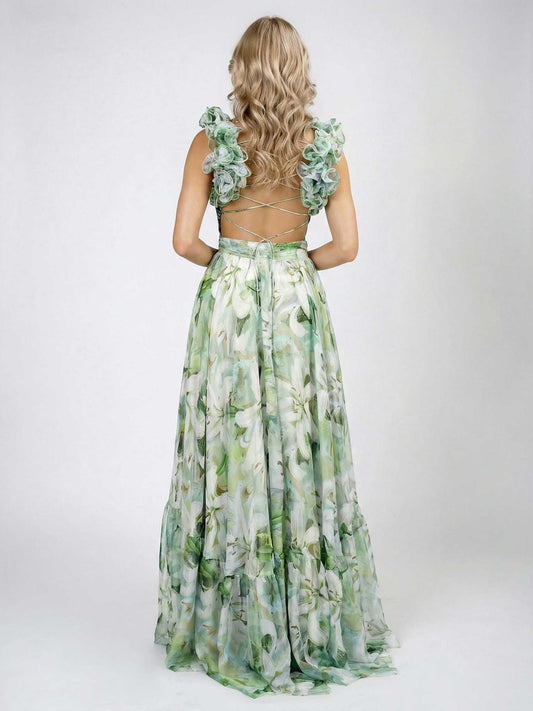 Lily Print Tiered Ruffle Shoulder Maxi Dress
