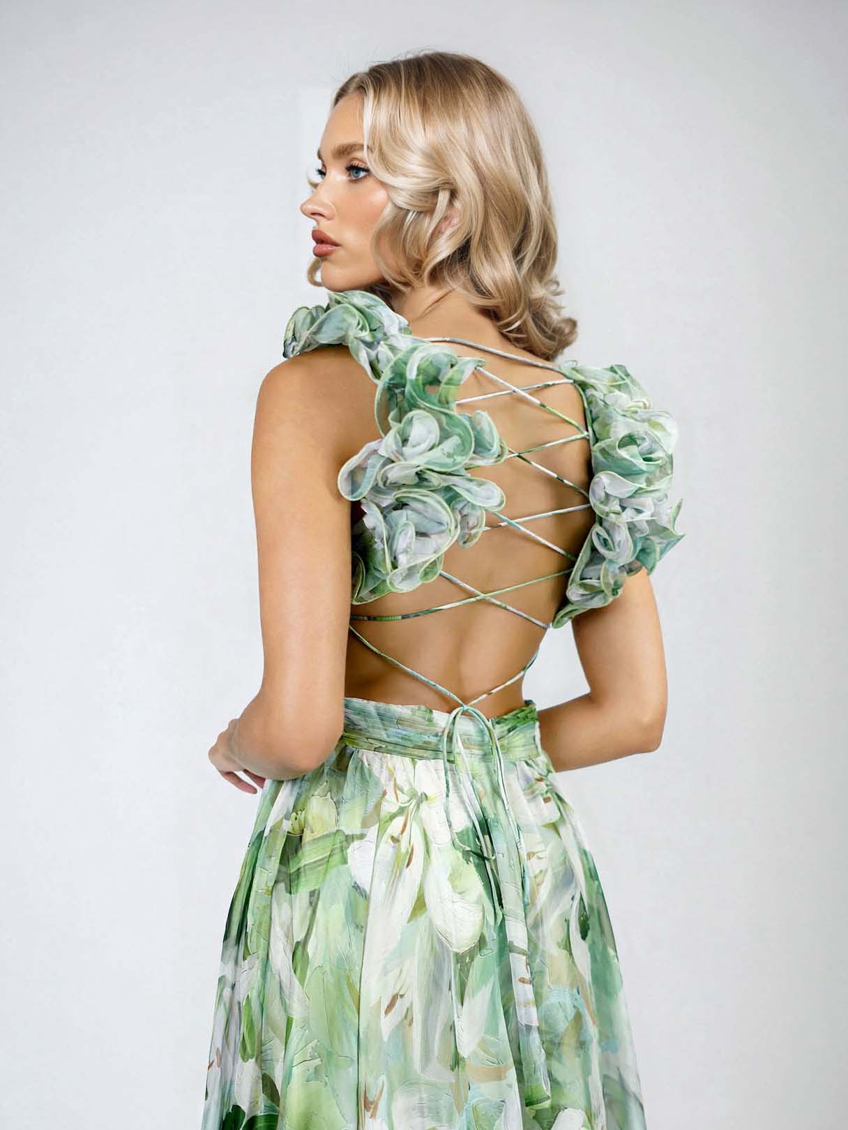Lily Print Tiered Ruffle Shoulder Maxi Dress