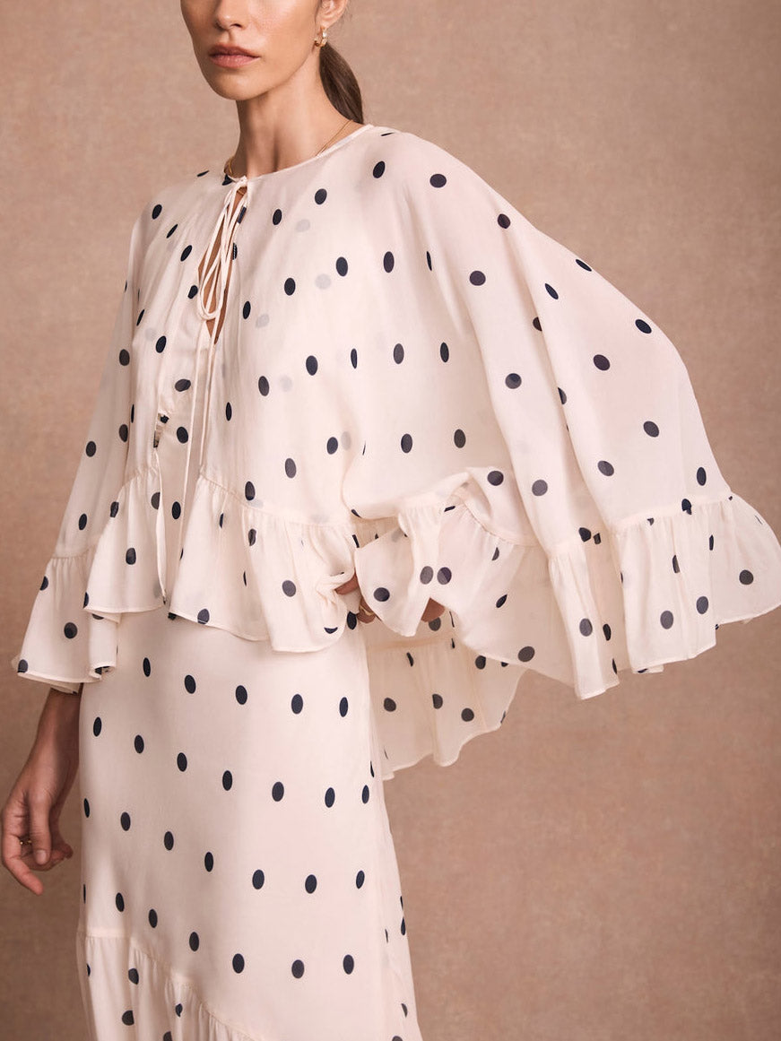 Polka Dot Ruffle Layered Chiffon Cape Maxi Dress