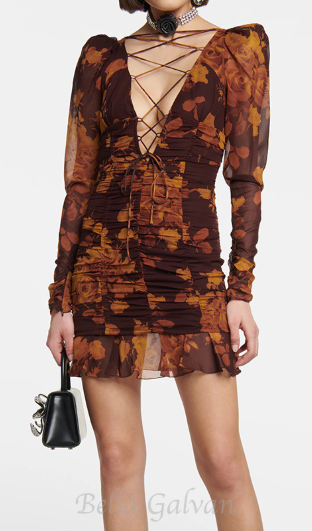 Flowering Girl Women floral print hollow tulle mini dress in brown