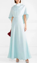 Flowering Girl Women Glossy Silk Twill Satin Cape Maxi Dress in pale blue