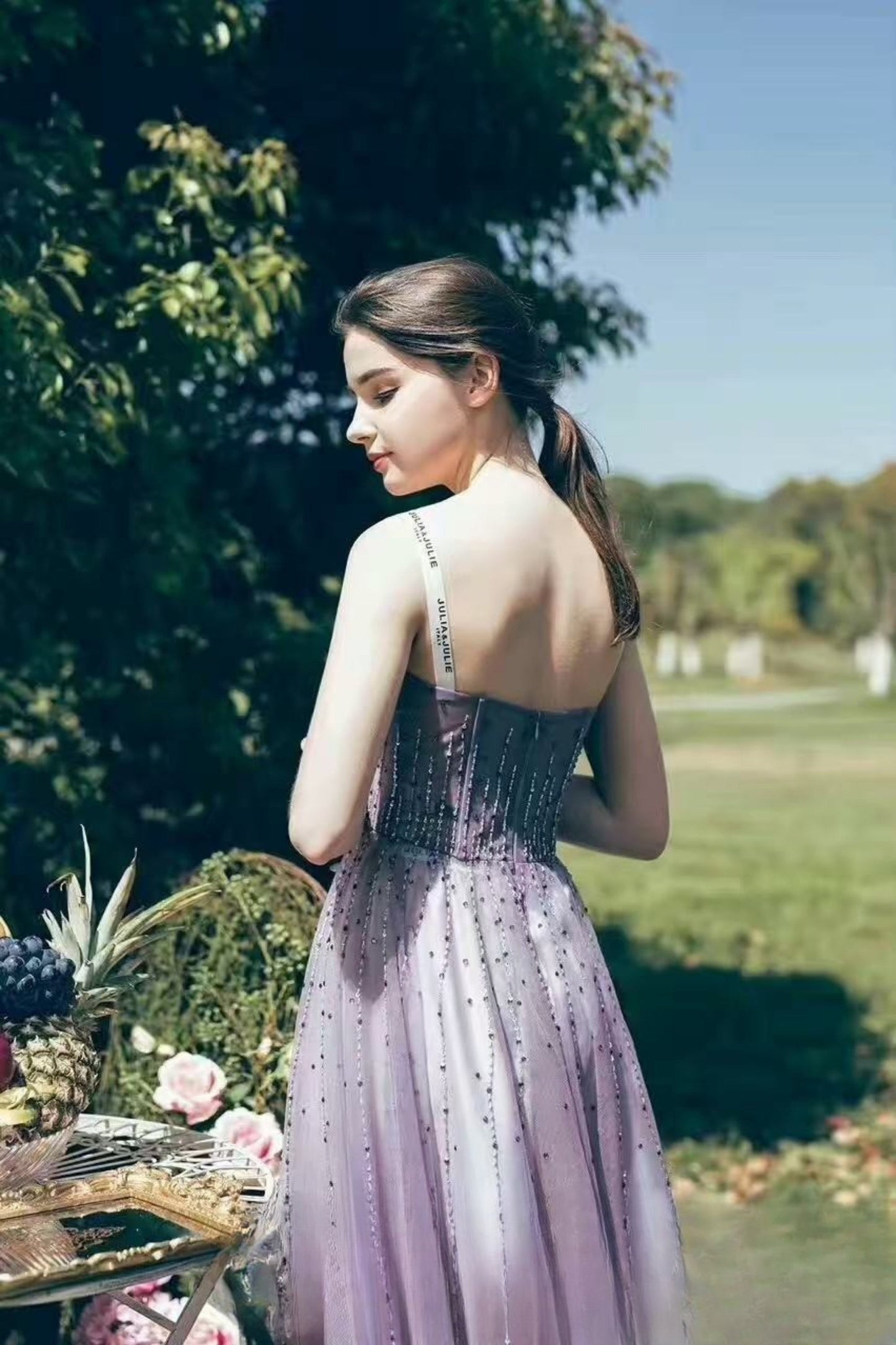 embellished tulle corset maxi dress in purple