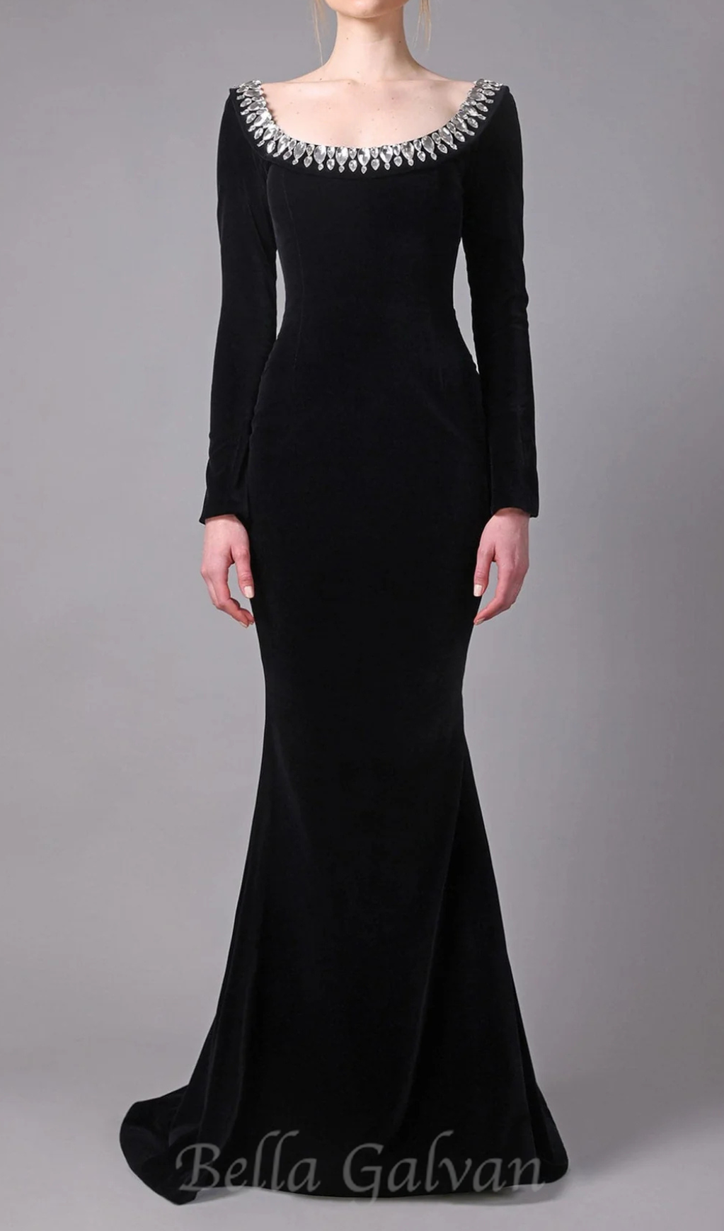Flowering Girl Women black crepe gown with crystal neckline