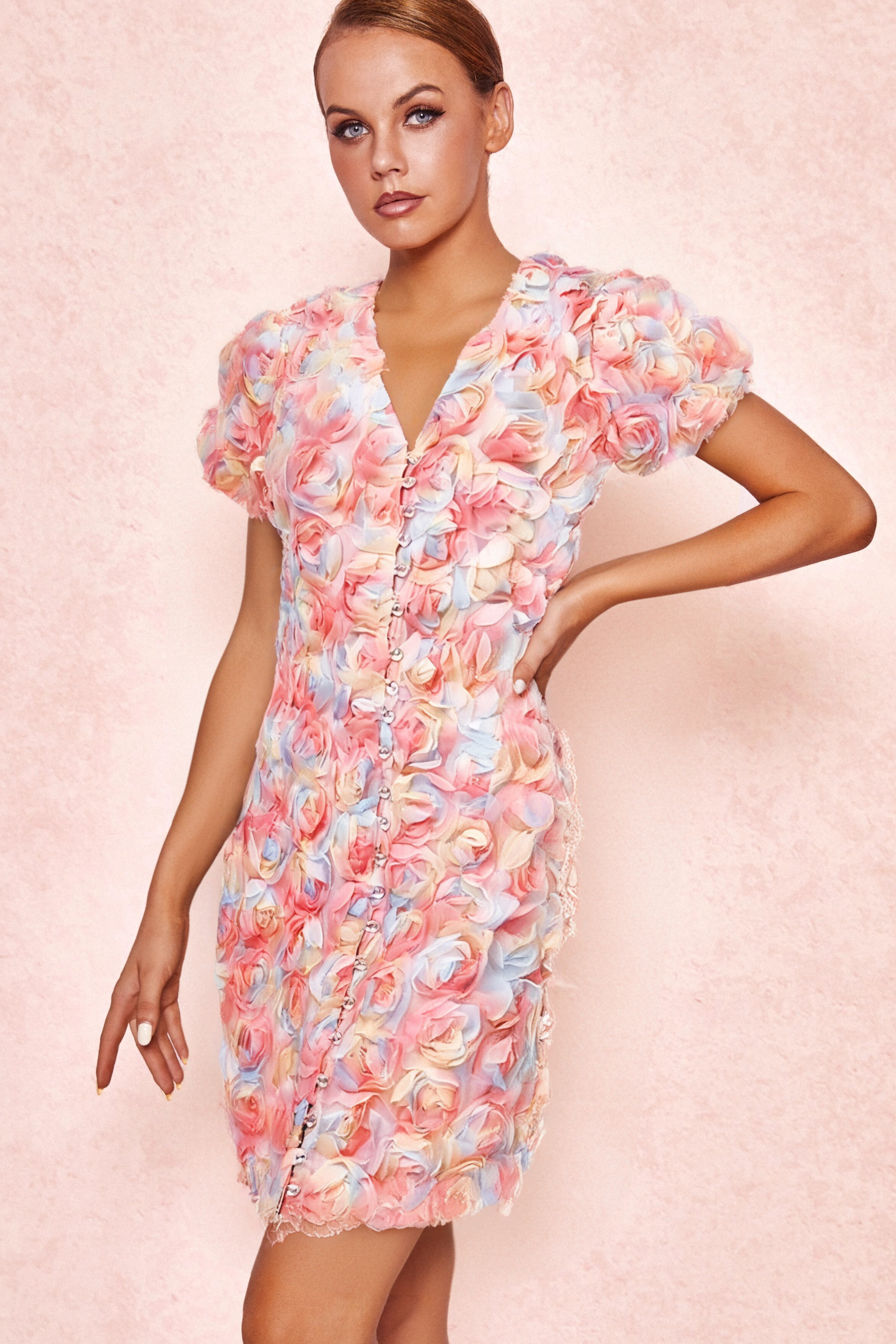Flowering Girl Women Fawn Flower Embroidery Button Mini Dress In Pink
