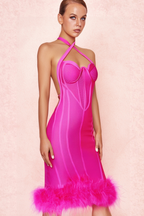 Flowering Girl Women ROSE RED OSTRICH FEATHER HALTER NECK BACKLESS TIGHT DRESS