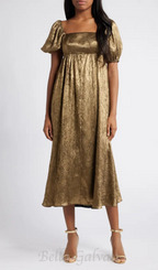 Flowering Girl Women trista square neck puff sleeve midi dress in gold