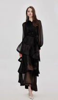 Flowering Girl Women Clémence black polka-dot tiered midi dress