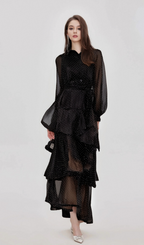 Flowering Girl Women Clémence black polka-dot tiered midi dress