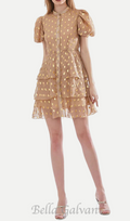 Flowering Girl Women polka Dot Layered Print Mini Dress in kahki