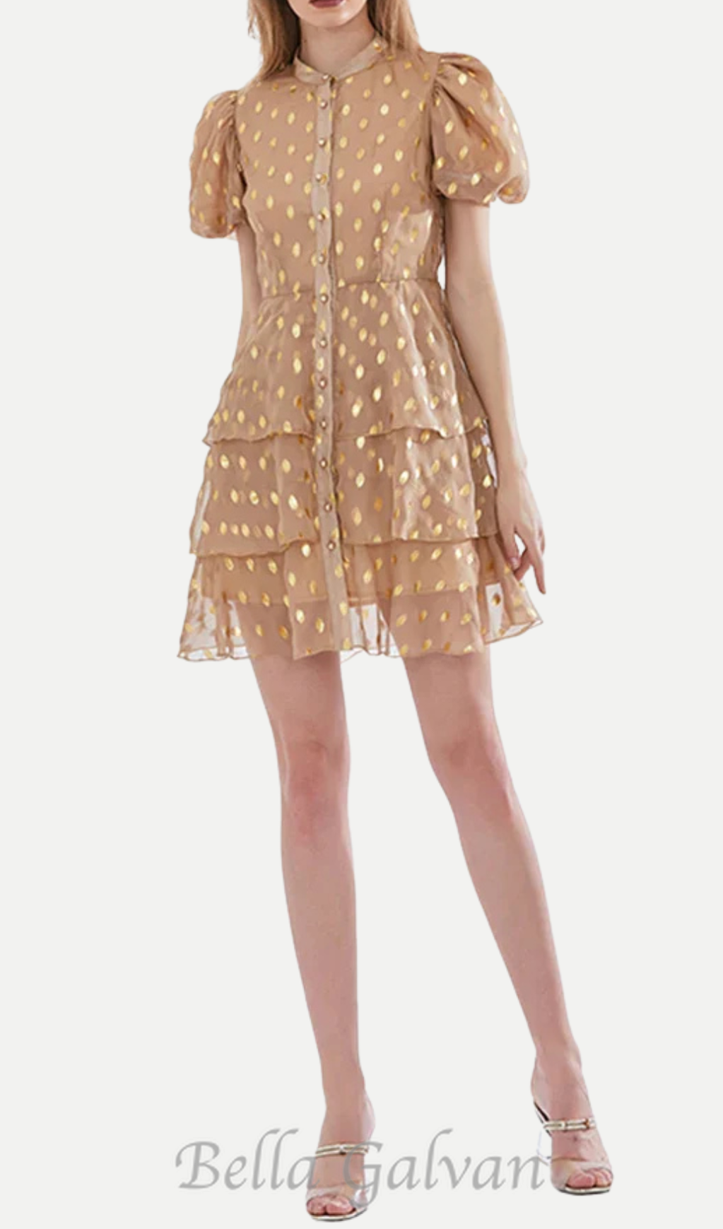 Flowering Girl Women polka Dot Layered Print Mini Dress in kahki